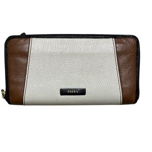 Fossil Colorblock Leather Zip-Around Wallet White Brown Black